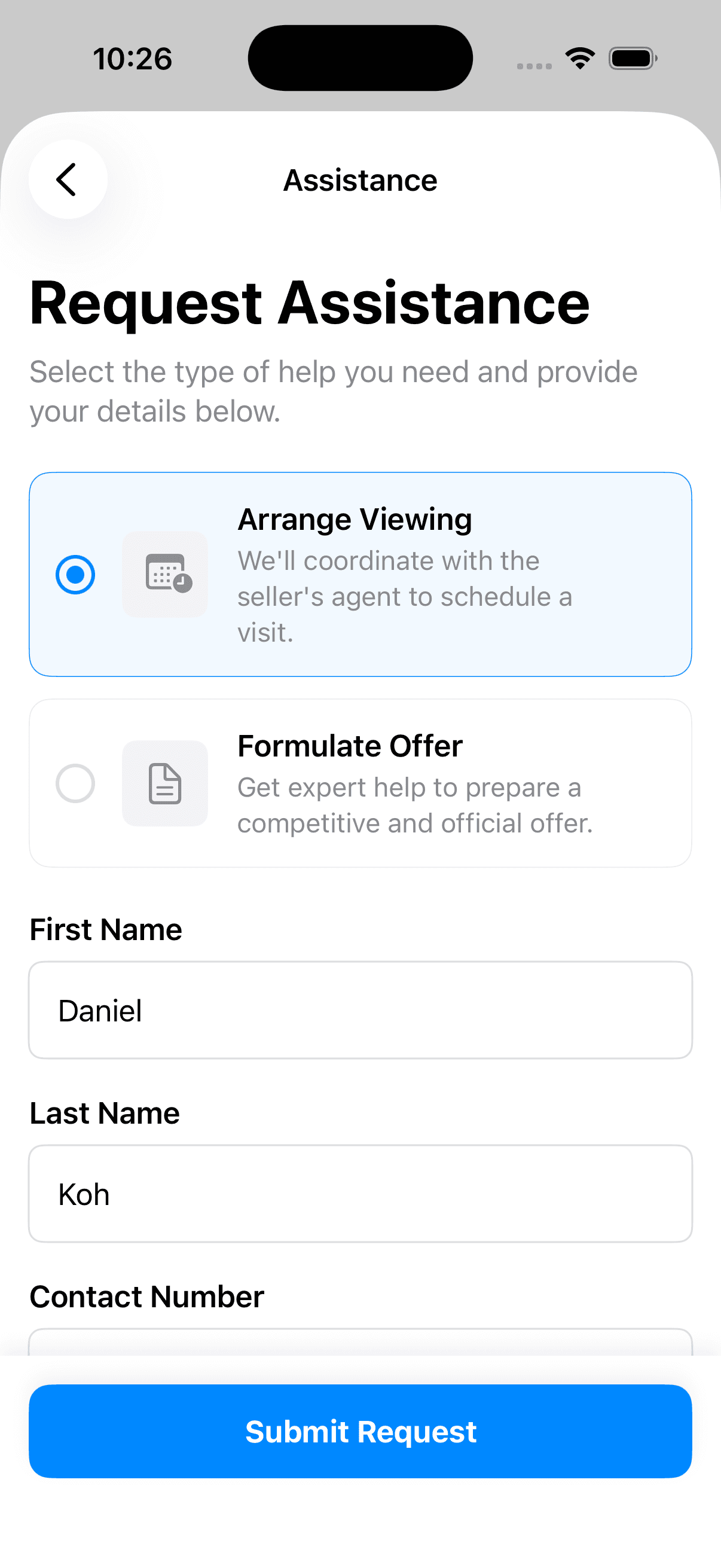Request Assistance Screen